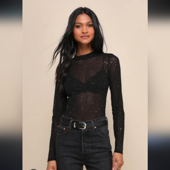 Lulus Tops - Lulu's Black Sheer Bodysuit with Glitter Accents, Long sleeves, High neck,  Sz M